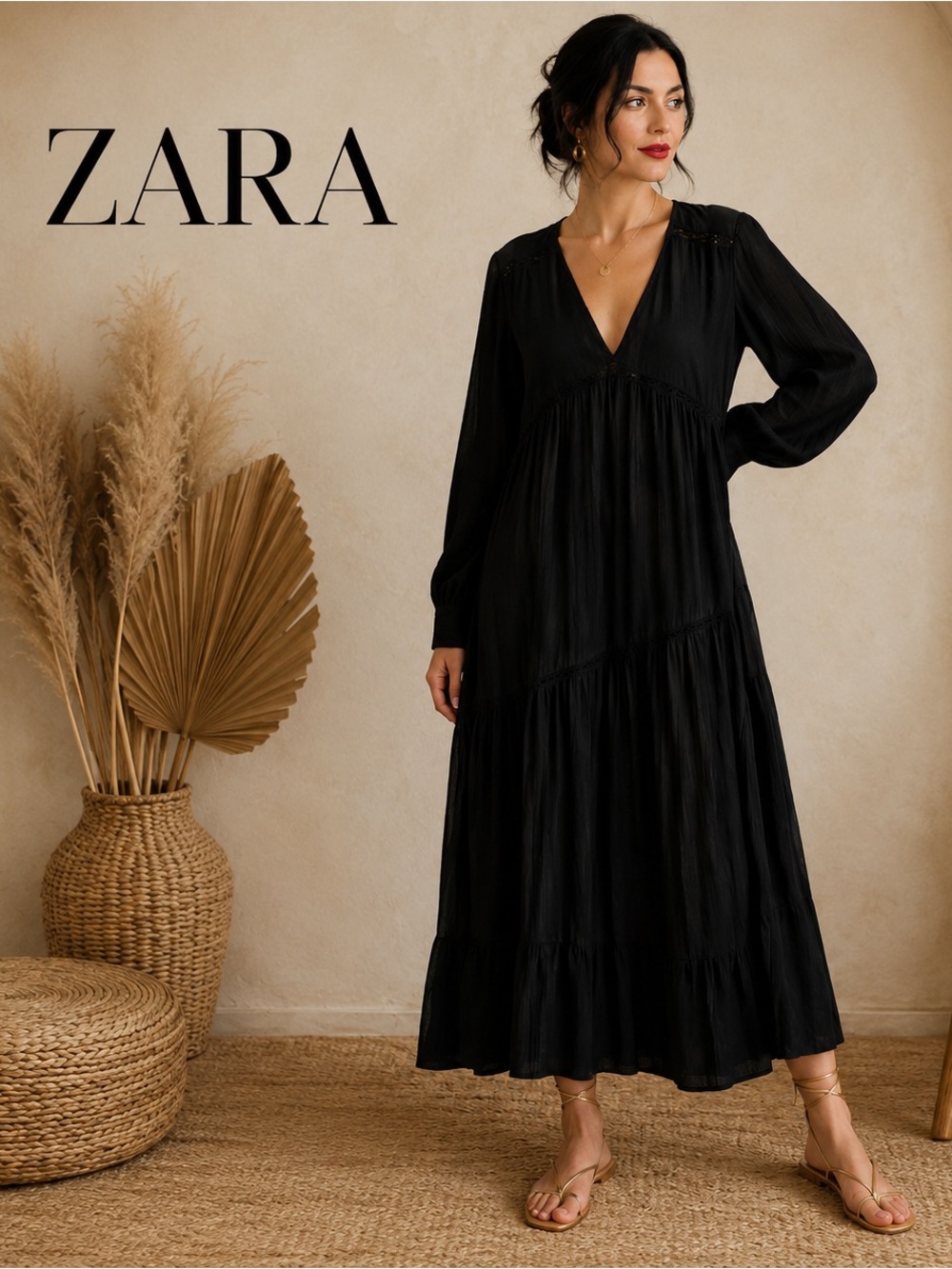 🌸ZARA Black V-Neck Long Sleeve Tiered Maxi Dress size L Whimsigoth Bohemian